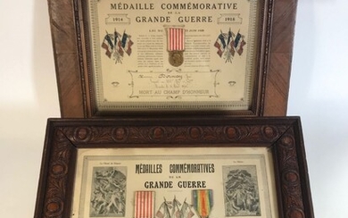 Lot de 2 diplômes Médailles commémoratives de la Grande Guerre, Mort au Champ d’honneur, au nom de
