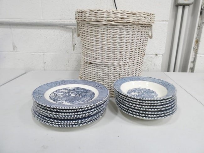 Lot of Currier & Ives China in a Wicker Laundry Basket or Hamper