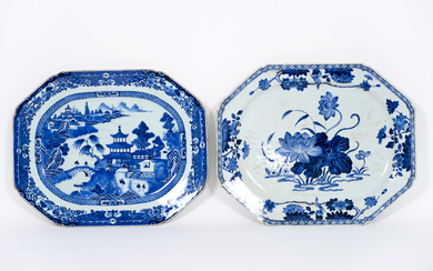 Lot of two rather large eighteenth century Chinese octogonal bowls in porcelain with blue and white decor, one with flowers and one with landscape - 33 x 40 and 32 x 40 ||two quite big 18th Cent. Chinese octogonal dishes in porcelain with blue-white...