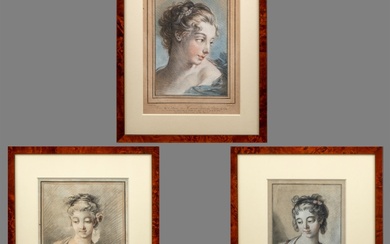 Louis-Marin Bonnet (1736-1793), twee vrouwenportretten, naar Boucher, kleurenetsen, en...