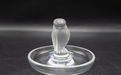 Lovely signed Lalique art glass ring tray with bird