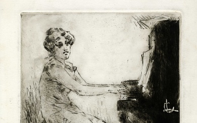 Luigi Conconi (Milano, 1852 - 1917), Fanciulla al pianoforte. 1913.