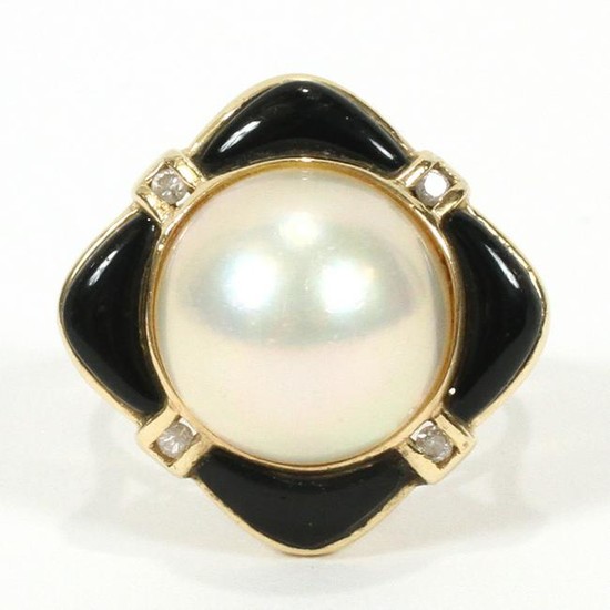 MABE PEARL, ONYX & DIAMOND, 14KT YELLOW GOLD, RING