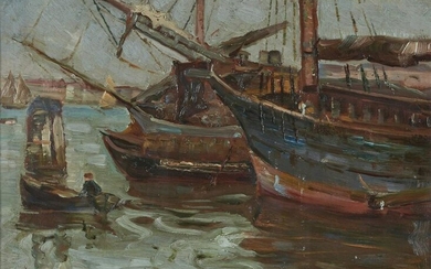 MARCO NOVATI Seascape with boats and characters. .