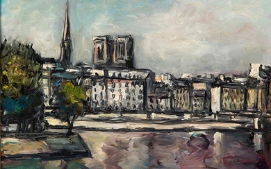 MAURICE VERDIER (Paris 1919) "Les quais de la Seine, Paris" Oil on cardboard Signed also on the back and titled "Les quais de la Seine Paris" Measurements: 29,5 x 37,3 cm Attached is a certificate on the photograph and an ink manuscript by the artist