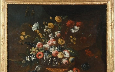 MONNOYER J.B. (1636-1699). (Atelier de). « Vase de fleurs sur un entablement ». Huile sur...