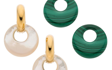 Malachite, Mother-of-Pearl, Gold Earrings The earrings feature interchangeable carved...