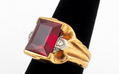 Mens 10K Yellow Gold Synthetic Ruby & Diamond Ring