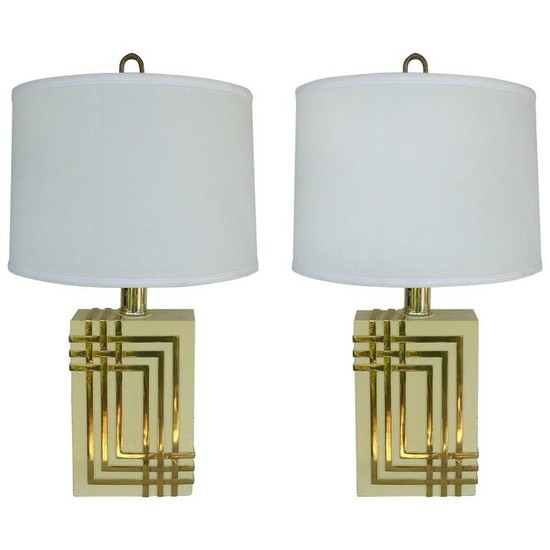 Mid-Century Modern Brass Table Lamps with Drum Shades