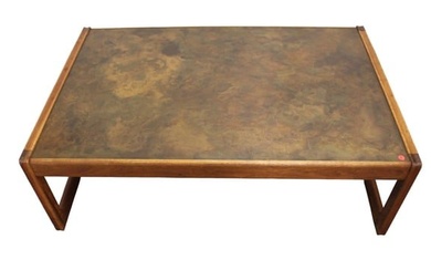Mid Century walnut/bronze coffee table manner of Phillip and Kelvin LaVerne