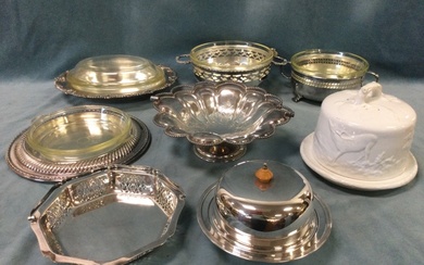 Miscellaneous EPNS turrines & covers, a circular muffin dish &...