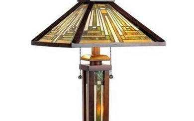 Mission Style Double Lit Wooden Art Glass Table Lamp