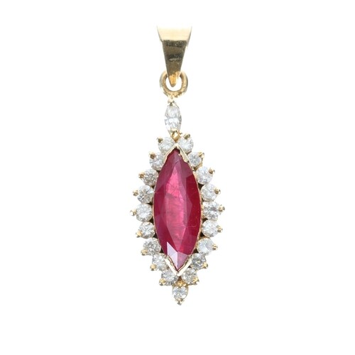 Modern 18ct yellow gold marquise ruby and diamond pendant, t...