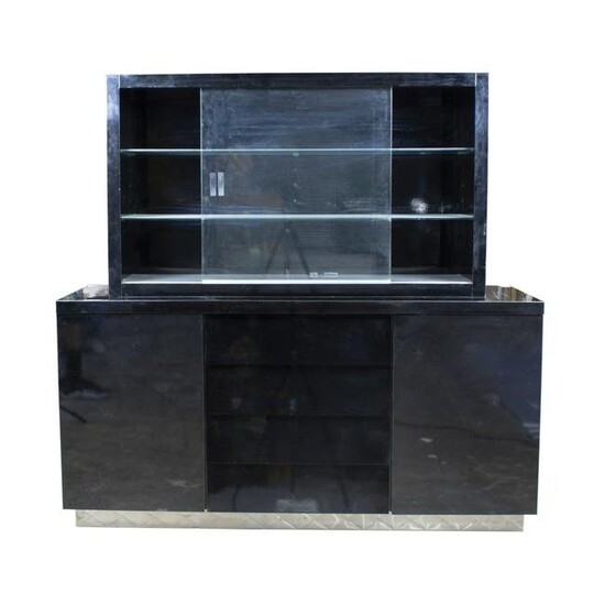 Moderne black lacquer wood display cabinet