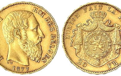 Monnaies et médailles d'or étrangères, Belgique, Léopold II, 1865-1909, 20 francs 1877. 6,45 g. 900/1000....