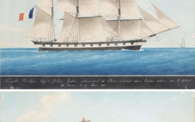 Moutte XIXe 2 peintures de bateaux