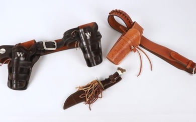 Muela Bowie knife, (2) leather holster ammo belts