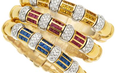 Multi-Stone, Diamond, Gold Bracelets The set consists of three...
