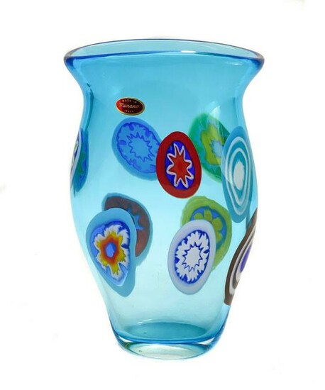 Murano Millefiori Blue Art Glass Vase by Formentello