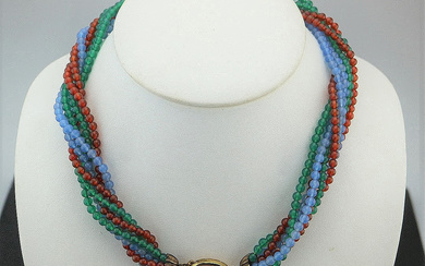 NECKLACE WITH GLASS BEADS, GILDED 800 SILVER AND CARNELIAN CABOCHON, MULTI-STRANDED, AROUND 1930S.