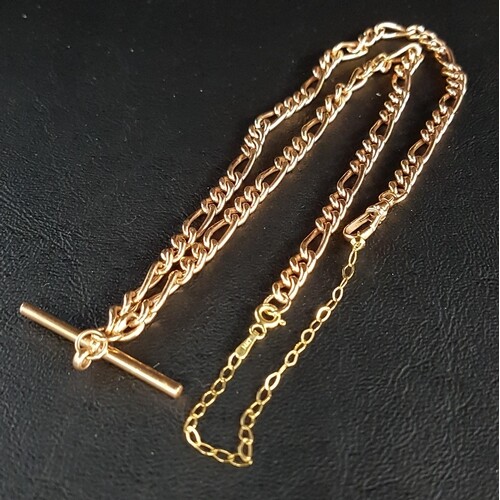 NINE CARAT GOLD DOUBLE ALBERT CHAIN WITH T-BAR with a fourte...