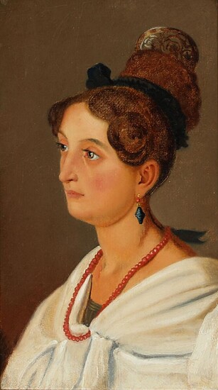 NOT SOLD. Wilhelm Marstrand: Portrait of a young woman with a red necklace. Unsigned. Oil...