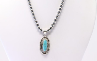Native American Navajo Sterling Silver Kingman Turquoise Pendant By William Begay. With Pearl Beaded