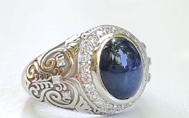 Natural Blue Star Sapphire Diamond Ring - 14 kt. White gold - Ring - 8.31 ct Star Sapphire - 0.55ct Diamond D-F VS-SI