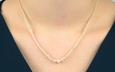Natural saltwater pearl and seed pearl single-strand necklace, with sapphire and diamond cluster clasp.