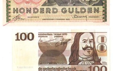 Nederland. 3x 100 gulden. Bankbiljet. Type 1953-1970. Erasmus en De Ruyter - Zeer Goed / Zeer Fraai.