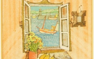 Neil Meacher, British 1934-2010- View of Crete; pen, watercolour, and gouache on paper, signed lower left, 13 x 9.2 cm (ARR)