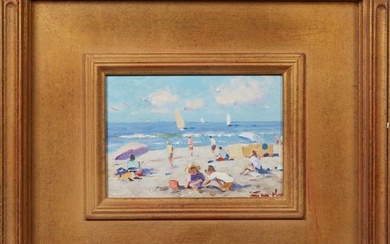 Niek van der Plas (Dutch, b. 1954), "Beach Scene," H.- 5 1/4 in., W.- 7 in., Framed- H.- 12 in., W.