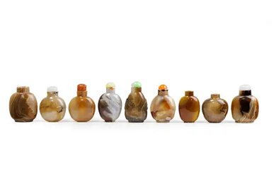 Nine Chinese agate snuff bottles Late Qing dynasty-20th century Included banded and...