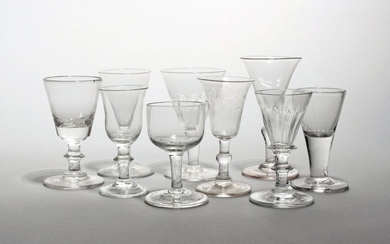 Nine small glasses 18th/19th century, with drawn trumpet, bucket and...