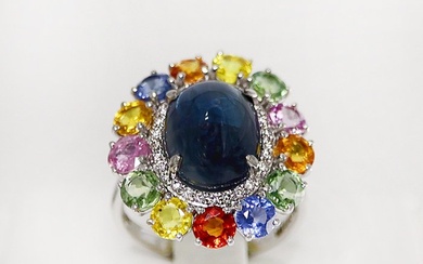 No Reserve Price - 14 kt. White gold - Ring - 6.10 ct Sapphire - Diamonds, Sapphires, IGI Certified