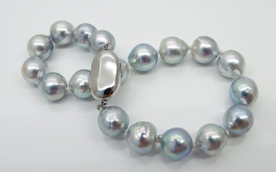 No Reserve Price - Akoya Pearls, Natural Blue, 8.5 -9 mm - 925 Silver - Bracelet