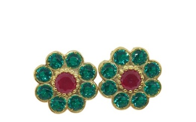 No Reserve Price - Earrings - 9 kt. Silver, Yellow gold Ruby - Emerald