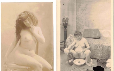 Nude studies, love scenes, pornography, foreplay, costumed couples. Circa 1890-1920. Set of about twenty albumen prints, silver and countertypes. On the front of several visuals, numbers and/or letters, examples: B 6, B 9, AM 79, 14, etc.