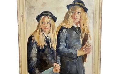 Oil Painting Dual Portrait Two School Girls By Margaret Ida Elizabeth Pullan