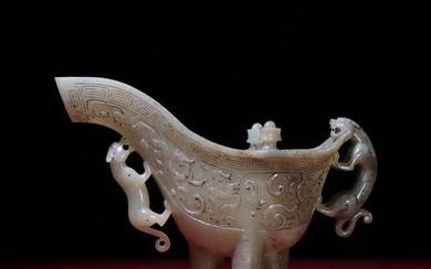 Old Chinese Hetian Jade Chi Dragon 3 Legs Wine Cup