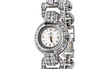 Omega Platinum 1940's Ladies 12 Carat Old Cut Diamond Watch