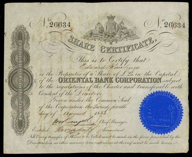 Oriental Bank Corporation, a shares certificate for 25 pounds, 1853, serial number 266634