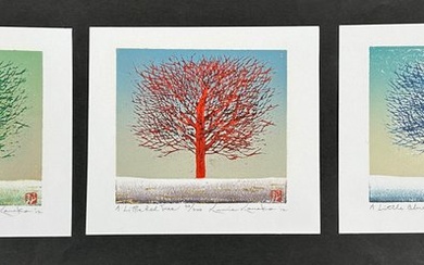 Original woodblock print (3) - Japanese paper - Kunio Kaneko (b 1949) - Triptych "Little Tree Series: Green, Blue, Red" - Limited editions numbered and signed! - Japan - 2012