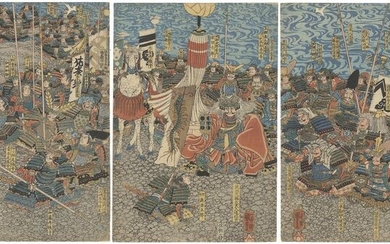 Original woodblock print triptych - Washi paper - Samurai, Warrior - Utagawa Kuniyoshi (1797-1861) - "Kawanakajima ōgassen" 川中島大合戦 (The Great Battle of Kawanaka Island) - Japan - ca 1842-46