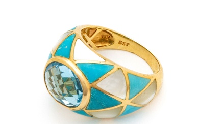 Oval Rose Cut Blue Topaz, Turquoise, Mother of Pearl & 14Kt Yellow Gold Dome Ring, 8g Size: 9