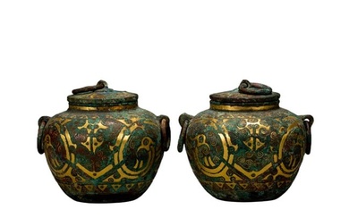 PAIR BRONZE PARTLY GILT JARS WITH COVERS