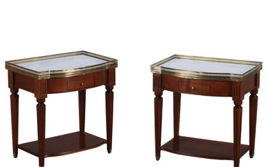 PAIR FRENCH MAHOGANY MARBLE AND BRONZE TABLES HAVING A SINGLE...