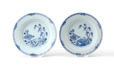 PAIR OF CHINESE BLUE AND WHITE PORCELAIN DISHES With willow tree and peony decoration. Diameters 9".