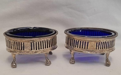 PAIR OF GEORGE III SILVER OVAL SALTS ON BALL & CLAW FEET WIT...