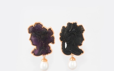 PAIR OF GLASS PASTE, FRESHWATER PEARL AND GOLD EARRINGS